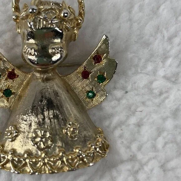 Vintage‎ Christmas Angel Brooch 2" Pin Gold Tone Red Green Rhinestones - Picture 5 of 10